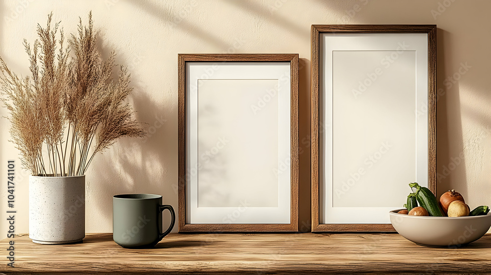 Wooden Frames on a Shelf with Dried Flowers, a Mug, and a Bowl of Produce Wooden Frames on a Shelf with Dried Flowers, a Mug, and a Bowl of Produce