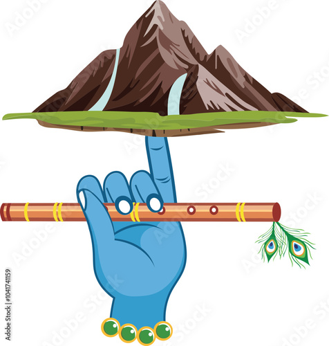 Lord Krishna Hand Lifting Govardhan Mountain Element for Happy Govardhan Puja Festival.