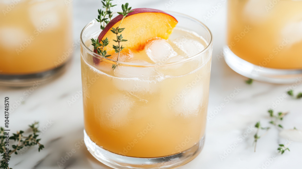 Refreshing cocktail made with peach and thyme, served on ice in a glass, garnished with a slice of peach Refreshing cocktail made with peach and thyme, served on ice in a glass, garnished with a slice of peach