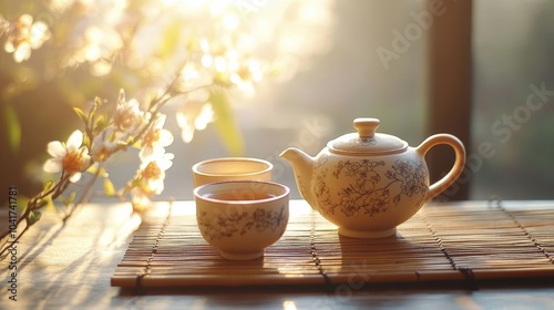 Wallpaper Mural Traditional Japanese tea set with a teapot and cups, arranged on a bamboo mat Torontodigital.ca