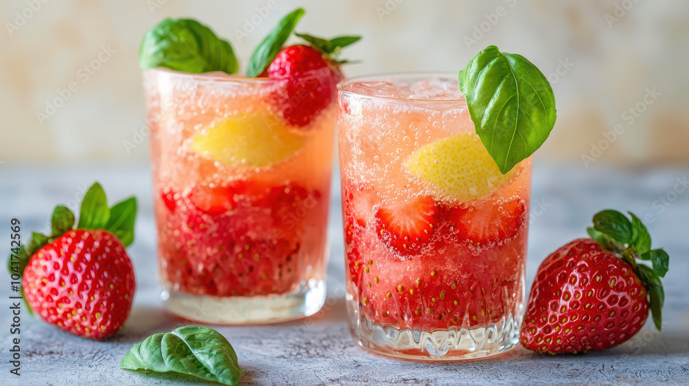 Refreshing strawberry basil soda with lemon slices served in glass, garnished with fresh basil leaves and strawberries on marble background