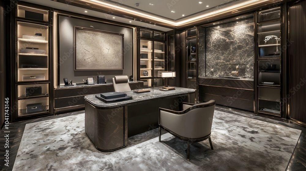 Sleek and sophisticated home office space featuring geometric wall art contemporary furnishings and efficient modern lighting creating a productive and inspiring work environment Sleek and sophisticated home office space featuring geometric wall art contemporary furnishings and efficient modern lighting creating a productive and inspiring work environment
