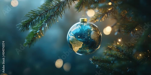 Globe ornament hanging from a Christmas tree, offering a festive and classic holiday look perfect for seasonal designs and greeting visuals.