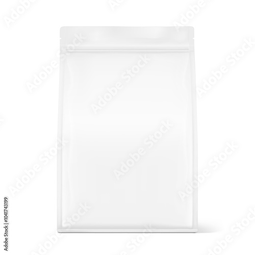 Vertical flat bottom gusset bag mockup for food, sport nutrition. Front view. Vector illustration isolated on white background. Can be use for template your design. EPS10.	