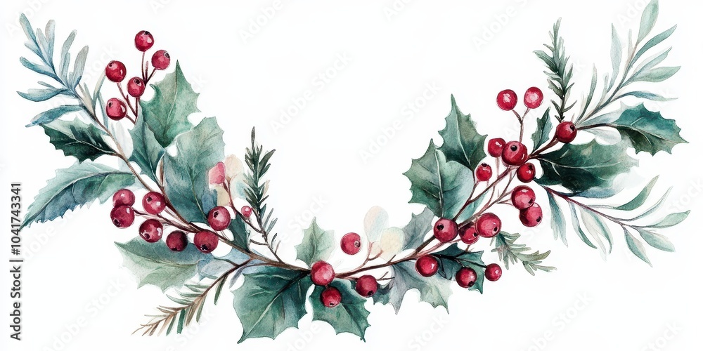 Watercolor wreath of fir branches, red berries, and leaves isolated on a white background, perfect for festive holiday designs and seasonal decor. Watercolor wreath of fir branches, red berries, and leaves isolated on a white background, perfect for festive holiday designs and seasonal decor.