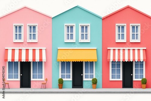 Colorful houses with awnings on a white isolated background.