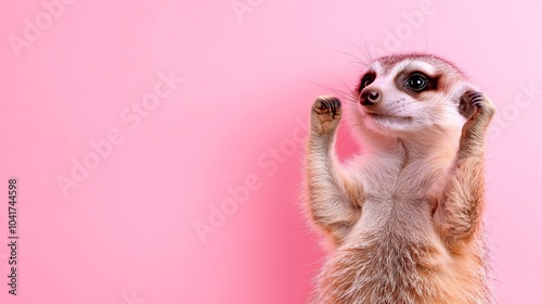 Wallpaper Mural A cheerful meerkat with paws raised stands against a pink background, exuding playfulness and curiosity. Torontodigital.ca