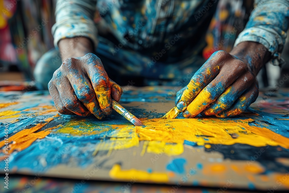 A passionate artist uses a brush to layer bright yellow paint onto a canvas. Their hands, covered in colorful paint, reflect the creative process in a lively indoor studio environment filled with arti A passionate artist uses a brush to layer bright yellow paint onto a canvas. Their hands, covered in colorful paint, reflect the creative process in a lively indoor studio environment filled with arti