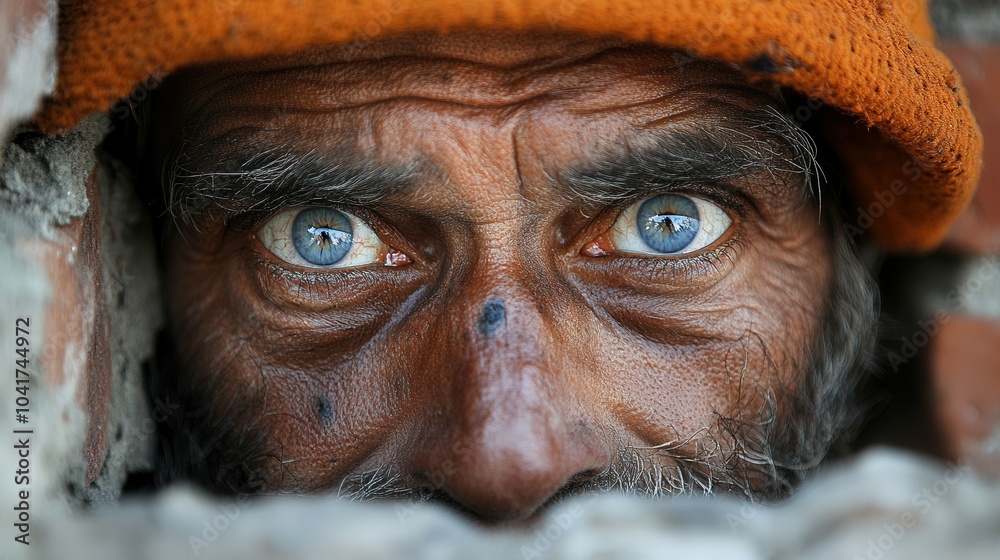 A man gazes out with intense blue eyes from a small gap in a brick wall, his weathered face showing signs of hardship. The urban environment reflects a story of struggle and resilience amidst challeng A man gazes out with intense blue eyes from a small gap in a brick wall, his weathered face showing signs of hardship. The urban environment reflects a story of struggle and resilience amidst challeng