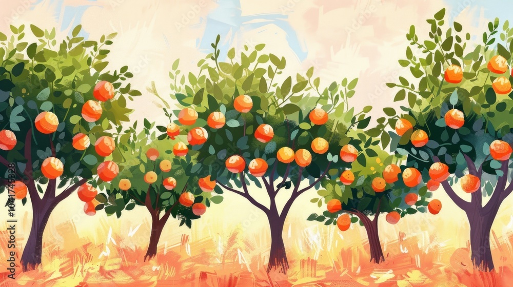 Illustration of orange grove in digital painting style: 6 tall trees with bright fruits, green branches, light blue sky, yellow grass. Serene fairytale orchard vibe.