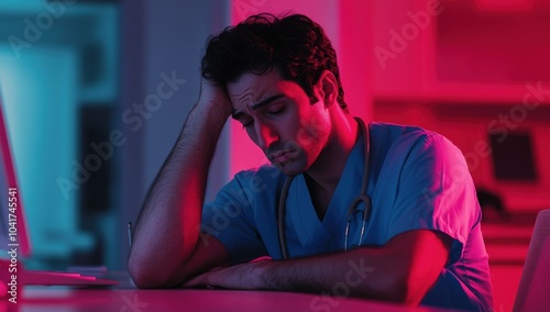 Tired male nurse sitting at his desk holding his head in his hands looking exhausted in his blue coat in an office setting with a glowing computer screen and pink lighting, side view shot photo