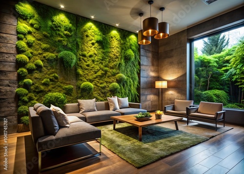 Aerial View of a Modern Living Room with Moss Wall and Chiaroscuro Furniture, Blending Utilitarian and Biblical photo