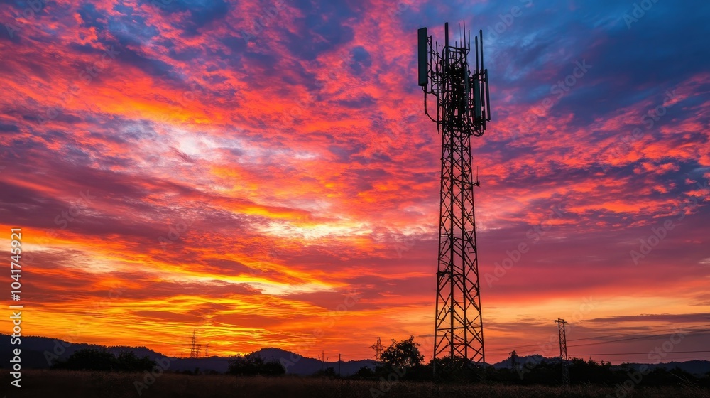 Vibrant Sunset Behind Communication Tower Vibrant Sunset Behind Communication Tower