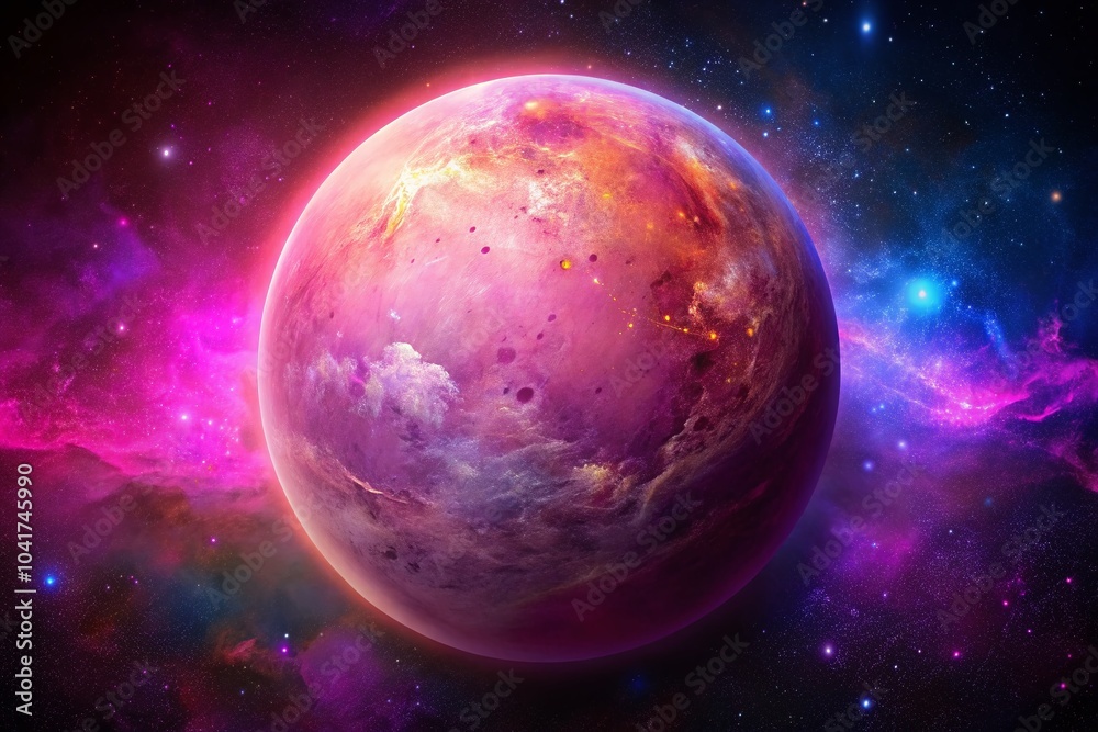 Fototapeta premium Aerial View of a Pink Planet Surrounded by Stars and Cosmic Elements