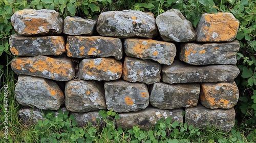 Wellworn stone wall with flat irregular stones in earthy tones each stone fitting together to create a harmonious pattern that exudes heritage and history