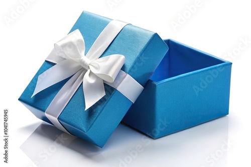 Blue open gift box with white bow isolated on solid white background Silhouette