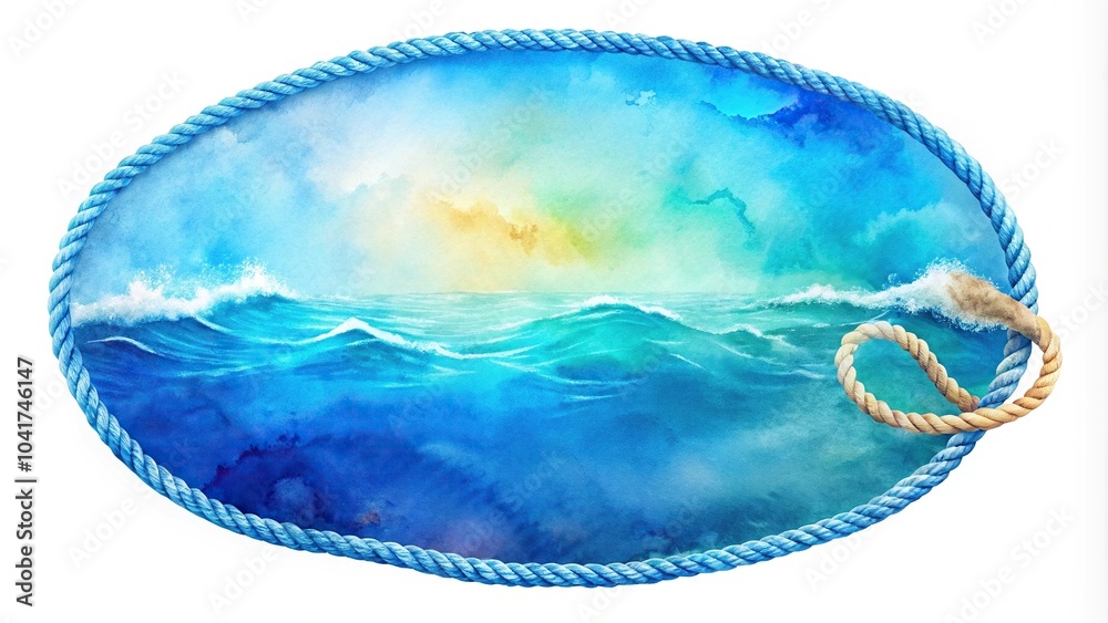 Obraz premium Blue sea ocean with a rainbow watercolour sky in a circular rope ring silhouette