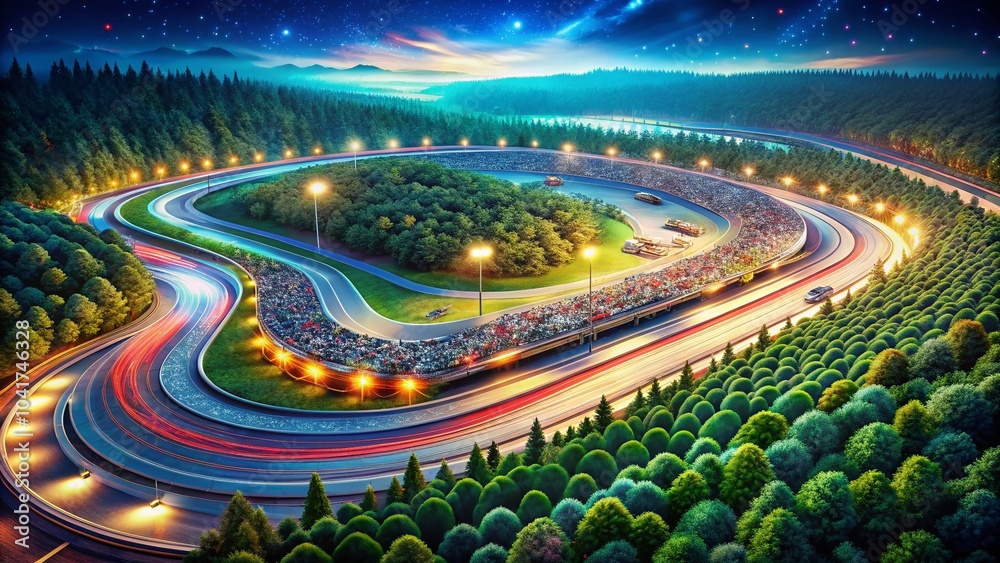 Aerial View of a Thrilling Driving Racing Circuit with Colorful Cars in Action Aerial View of a Thrilling Driving Racing Circuit with Colorful Cars in Action
