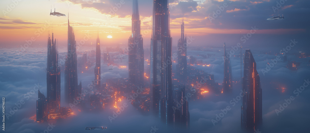 Obraz premium A futuristic city floating in the clouds, where sleek buildings rise above a sea of mist.