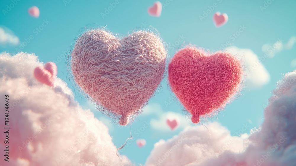 Obraz premium Woolly soft pink heart balloons against clouds