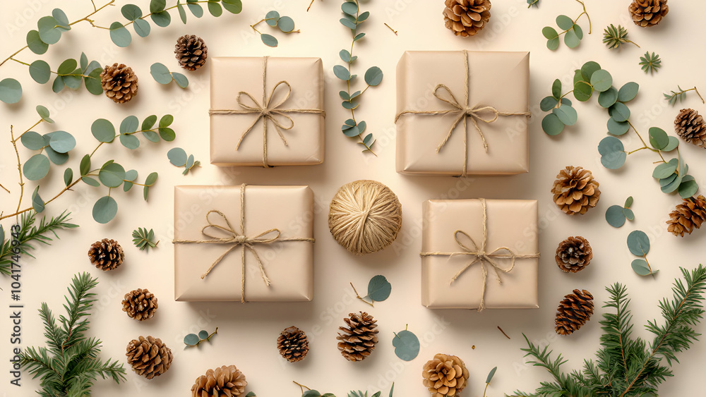 Fototapeta premium hristmas Gifts with Pinecones and Greenery