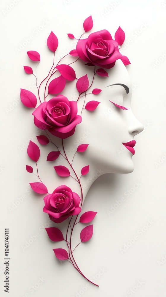 The artwork features a white silhouette of a woman's face adorned with vibrant pink roses and leafy vines. The artwork features a white silhouette of a woman's face adorned with vibrant pink roses and leafy vines.