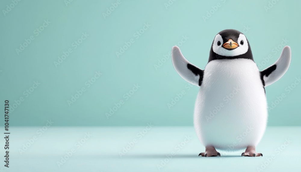 Obraz premium A cute, cartoonish penguin stands with arms raised, set against a soft teal background, exuding a playful and cheerful vibe.