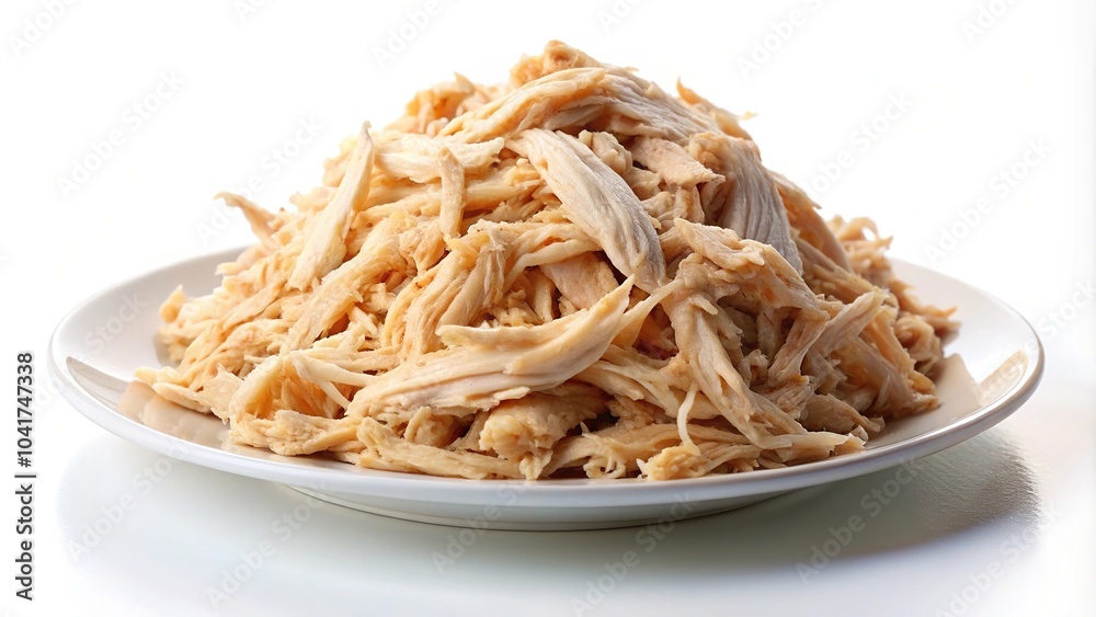Boiled shredded chicken meat on white plate Boiled shredded chicken meat on white plate