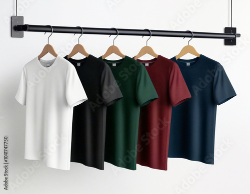 Five t-shirts hanging on hangers on clothes rail