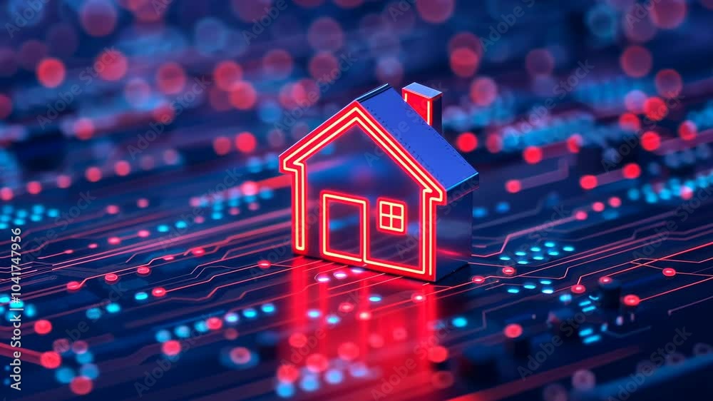 Digital Smart Home Concept with Futuristic Neon Lights, Red and Blue Technology Background, Modern Network Connectivity, Home Automation Symbol Digital Smart Home Concept with Futuristic Neon Lights, Red and Blue Technology Background, Modern Network Connectivity, Home Automation Symbol
