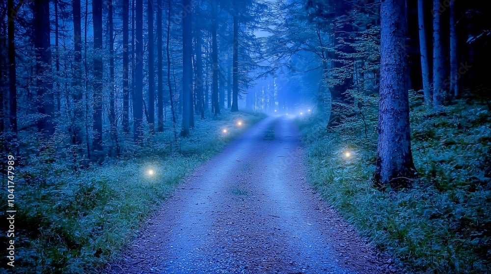 Fototapeta premium A misty forest path illuminated by glowing orbs.