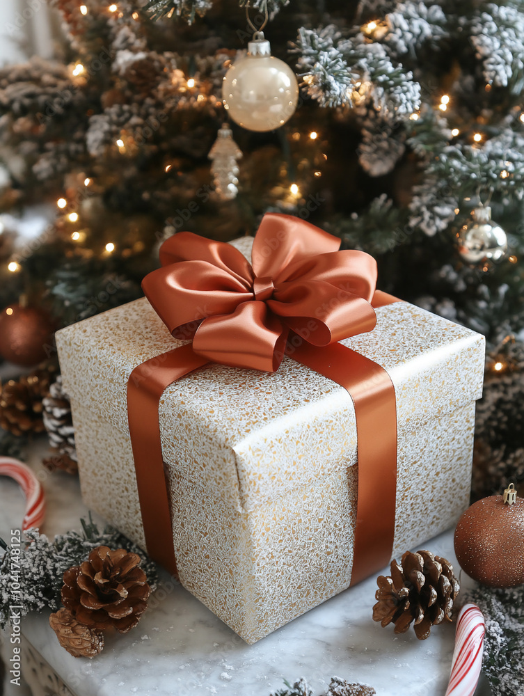 A beautifully wrapped Christmas gift box in shimmering gold paper with a large red satin bow on top. A beautifully wrapped Christmas gift box in shimmering gold paper with a large red satin bow on top.