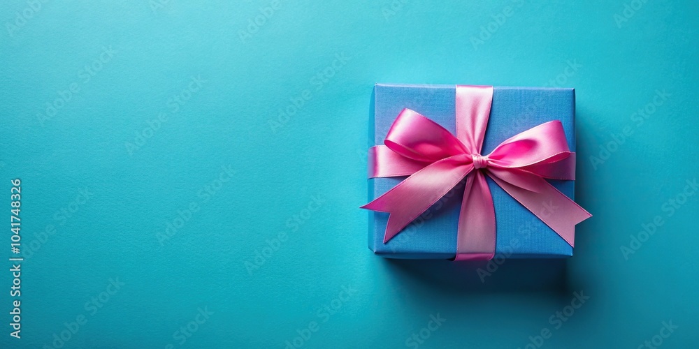Blue gift box with pink ribbon on blue background Blue gift box with pink ribbon on blue background