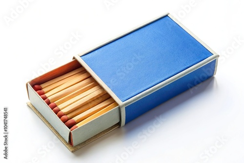 blue matchbox with matches on white background