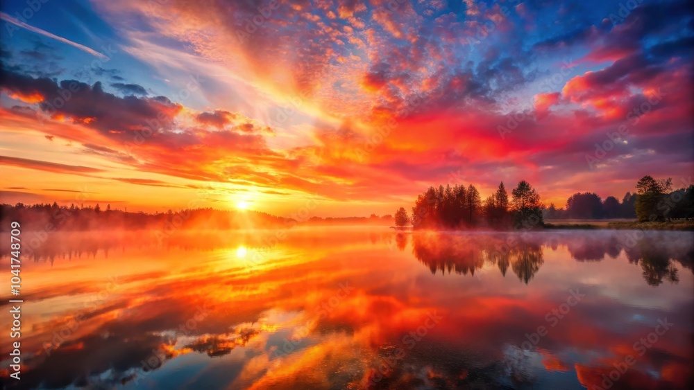 Fototapeta premium A vibrant sunrise over a still lake with a reflection of the colorful clouds and the sun shining through the morning fog
