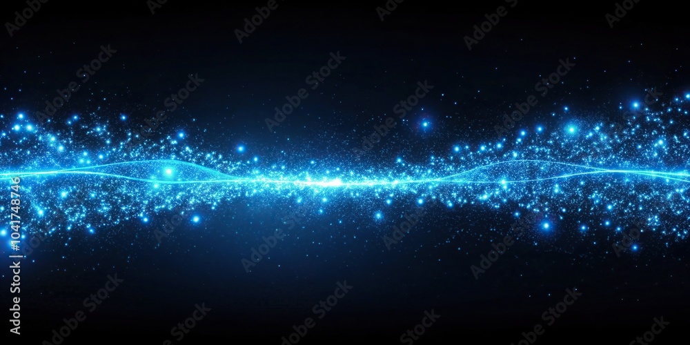 Obraz premium Blue neon light path with glowing particles in panoramic view