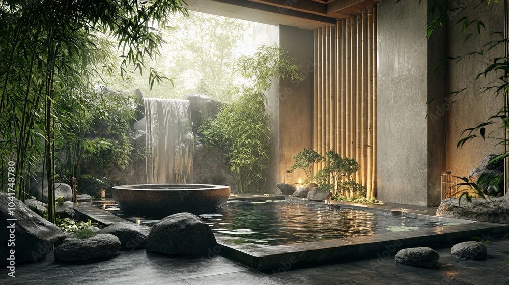 Serene indoor spa with a tranquil water feature and lush greenery.