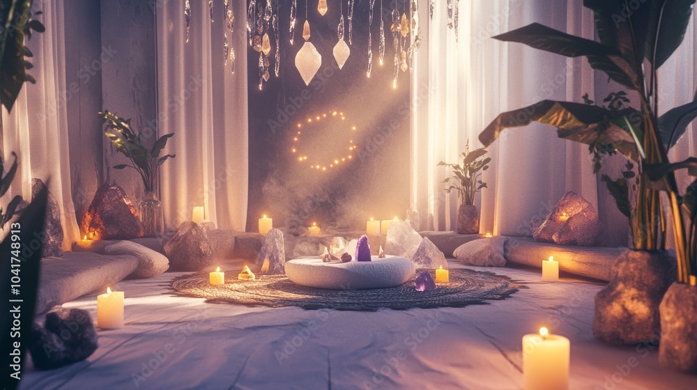 spa Serene meditation space with candles and crystals for relaxation. spa Serene meditation space with candles and crystals for relaxation.
