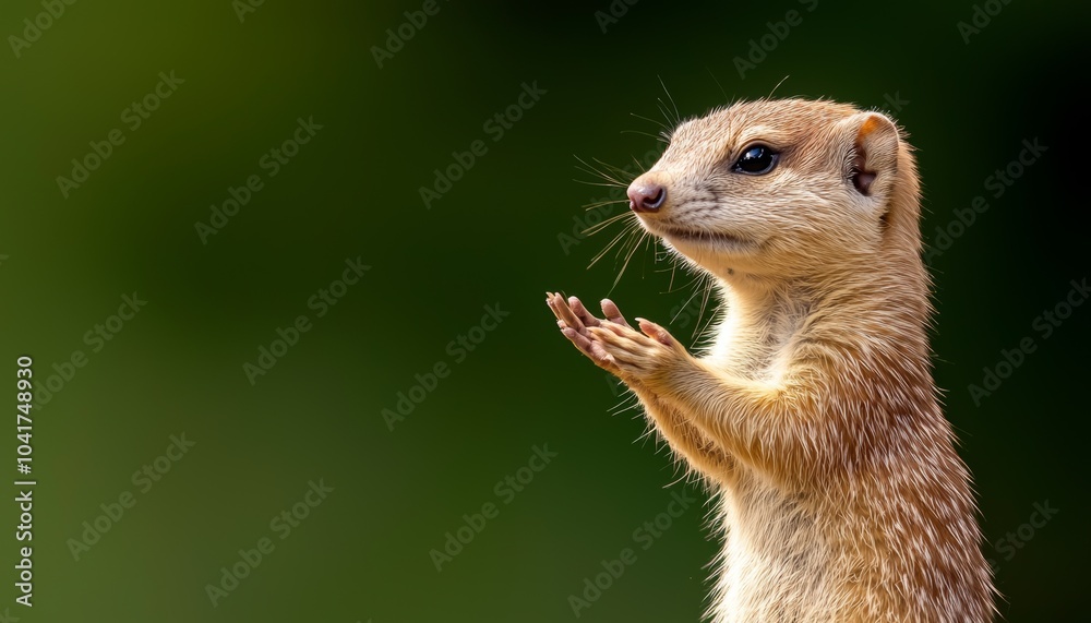 Fototapeta premium A curious meerkat stands upright with its paws together, showcasing its keen awareness in a natural habitat.