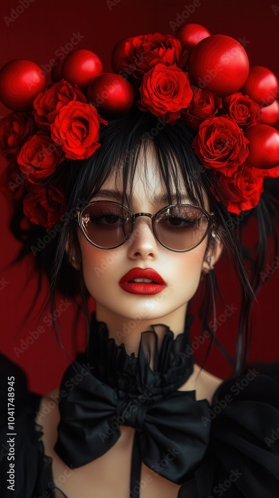 Fototapeta premium A captivating woman showcases a stunning headpiece adorned with red roses and shiny ornaments.