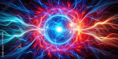 An abstract depiction of an energetic sphere enveloped by fiery red and cool blue streaks of light, symbolizing the duality and interconnectedness of opposing forces.