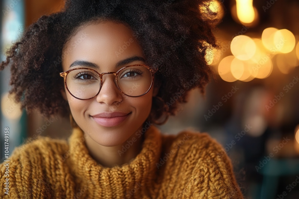 The young woman with curly hair and stylish glasses exudes joy as she sits comfortably in a warm, inviting cafe. Soft lights create a soothing ambiance around her, enhancing the comforting vibe of the The young woman with curly hair and stylish glasses exudes joy as she sits comfortably in a warm, inviting cafe. Soft lights create a soothing ambiance around her, enhancing the comforting vibe of the