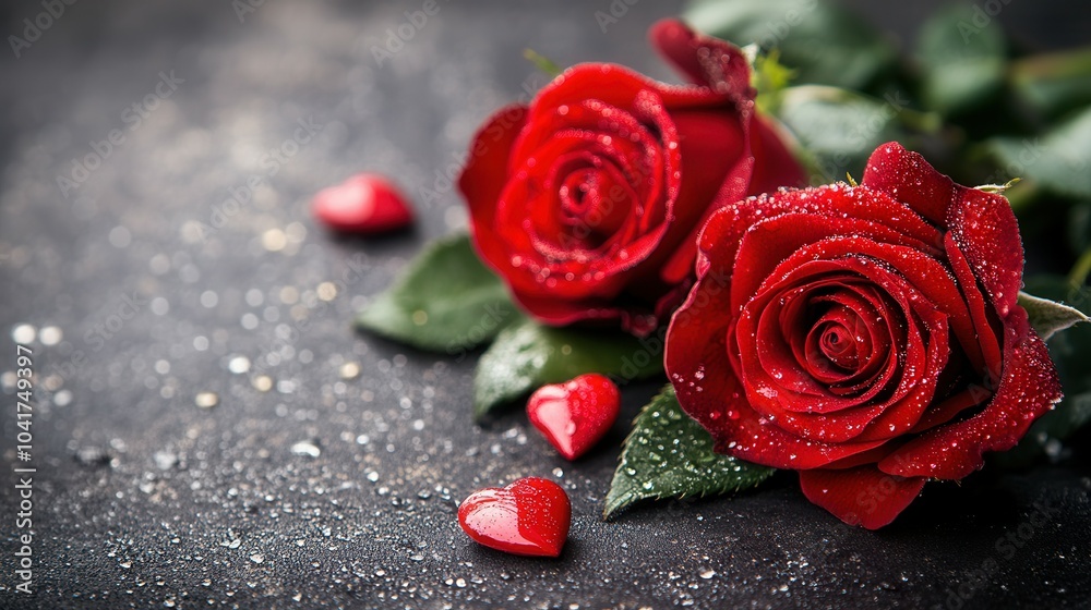 Two vibrant red roses with droplets of water are arranged on a dark textured surface, accompanied by small heart-shaped decorations. This setting creates a romantic atmosphere perfect for special occa Two vibrant red roses with droplets of water are arranged on a dark textured surface, accompanied by small heart-shaped decorations. This setting creates a romantic atmosphere perfect for special occa