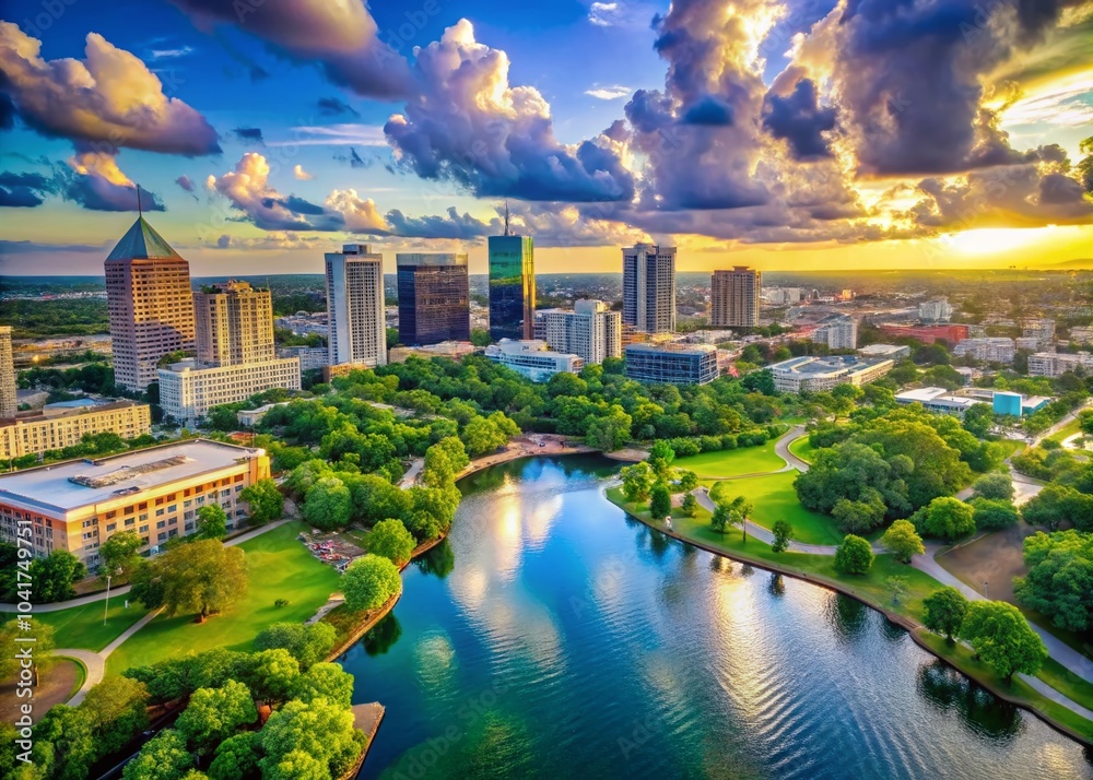 Fototapeta premium Aerial View of Orlando City in Bright Sunshine - Stunning Drone Photography for Travel Enthusiasts