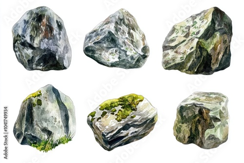 Forest Stones Collection. Hand-Drawn Watercolor Illustration of Natural Rocks in Isolated White Background