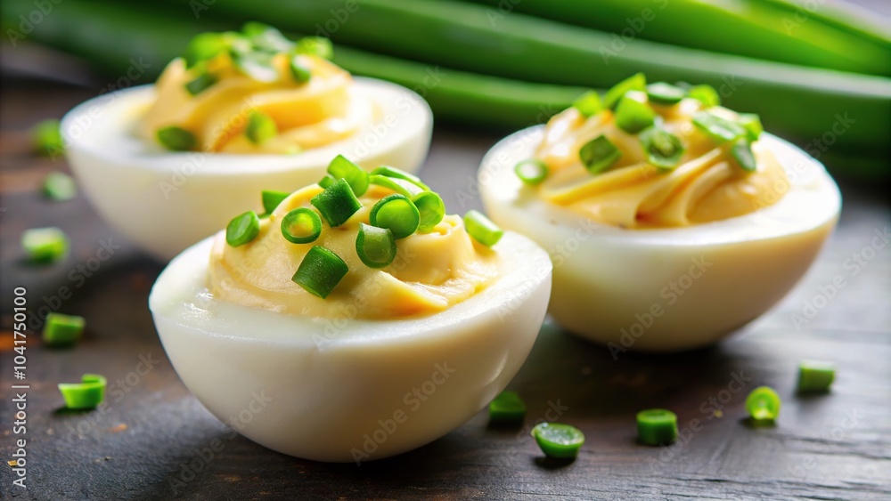 Boiled egg halves with mayonnaise and green onions Boiled egg halves with mayonnaise and green onions