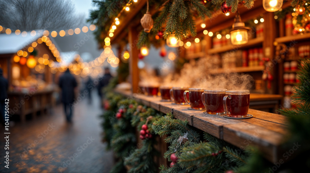 Glühwein in Tassen am Stand au dem Weihnachtsmarkt – Winterliche Gemütlichkeit und Wärme in der kalten vorweihnachtlichen Jahreszeit Glühwein in Tassen am Stand au dem Weihnachtsmarkt – Winterliche Gemütlichkeit und Wärme in der kalten vorweihnachtlichen Jahreszeit