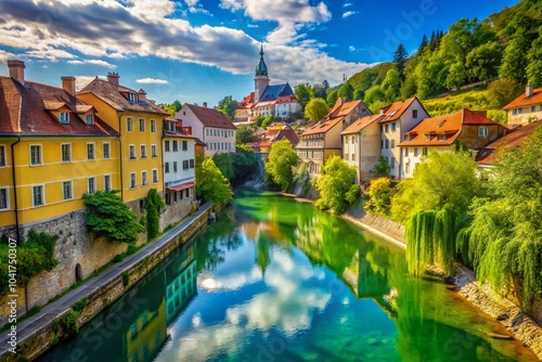 Aerial View of Skofja Loka's Old Town and Selca Sora River in Summer - Slovenia Scenic Photography photo