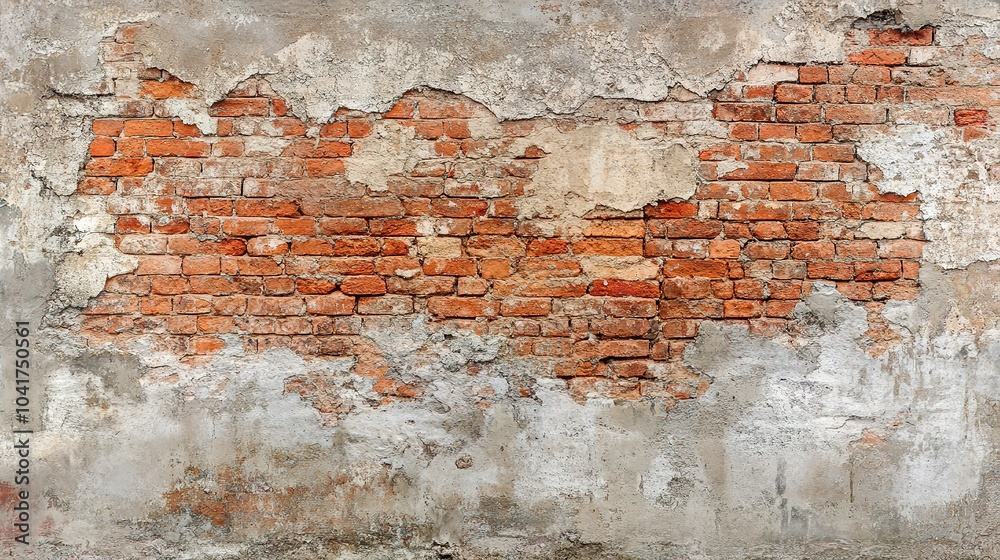 Fototapeta premium Weathered Brick Wall with Cracked Plaster Texture