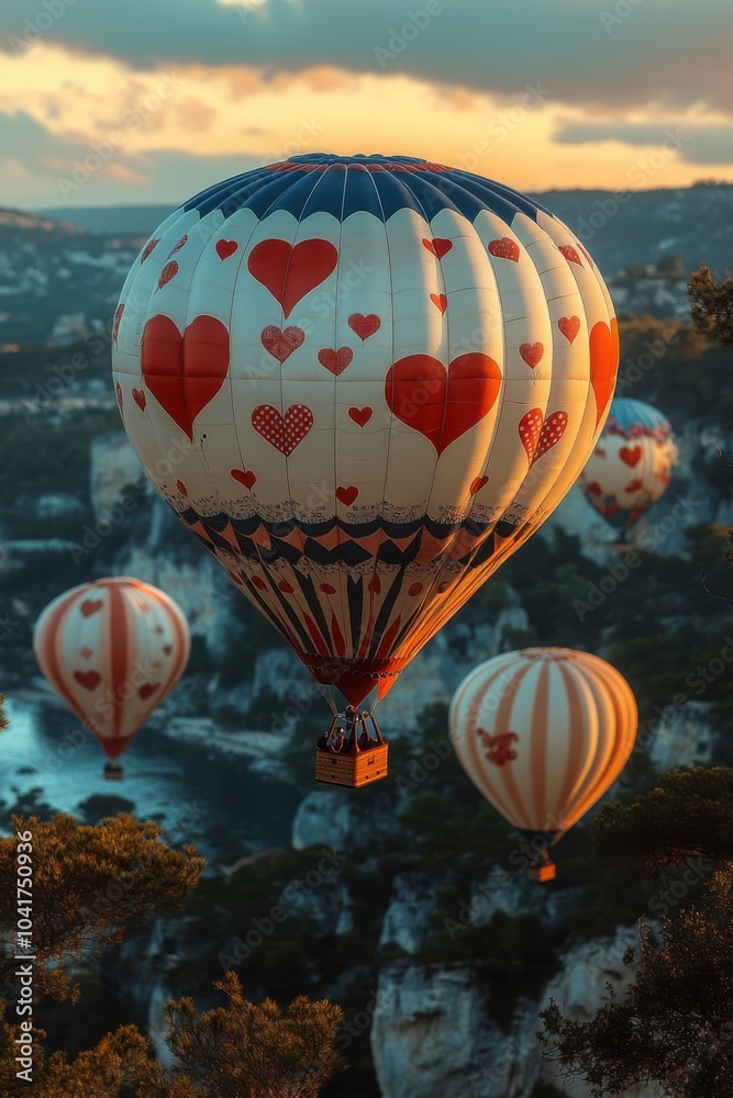 Fototapeta premium Heart-patterned hot air balloons soar over a breathtaking landscape at sunset.
